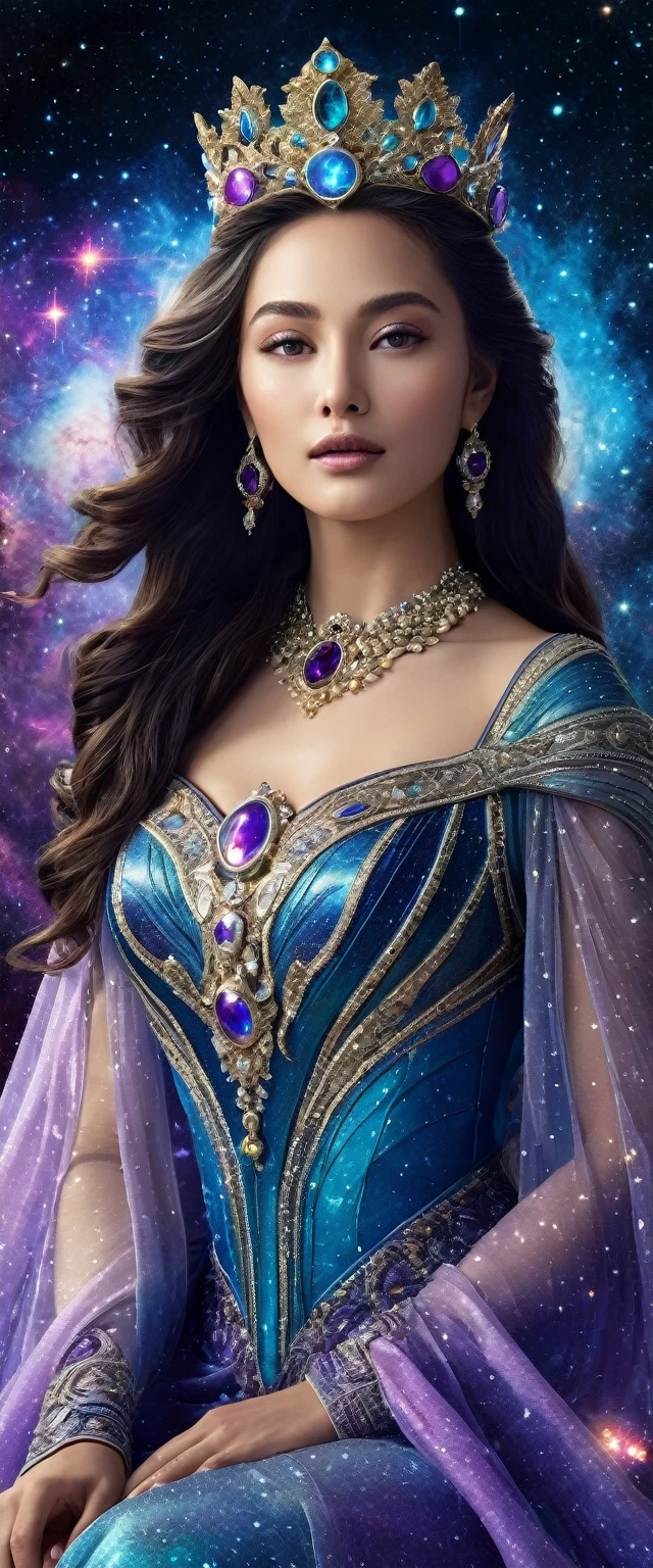 (Celestial Empress:1.2), (cosmic queen:1.2), flowing luminescent gown, stardust and galaxies, ((masterpiece:1.4, best quality)), ((masterpiece, best quality)), (photo realistic:1.4), 1woman, (regal empress), ((hair like a river of light)), shimmering stars, celestial bodies, majestic throne, meteorite throne, precious gems, glowing nebulae, vibrant auroras, swirling galaxies, distant planets, wise eyes, serene expression, commanding presence, cosmic space, deep blues, purples, radiant golds, silvers, comets, Saturn-like rings, cosmic dust, soft radiant lighting, intricate details, majestic, enchanting, otherworldly, celestial beauty, Rich Detail, Perfect Image Quality