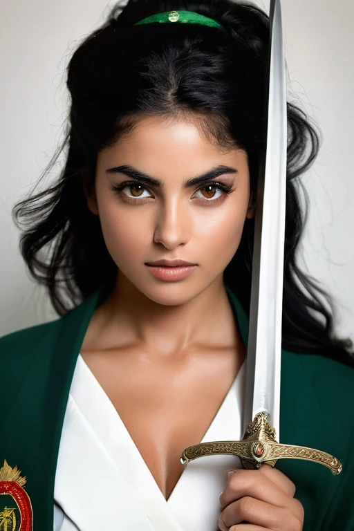 aida:gorgeous woman, Arabic ,dressed in the F uniform.That's.p.That's., coat of arms of F.That's.p.That's preso ao uniforme, worn and partially torn, with blood stains, cutoff points, sparks or smoke coming from damaged areas. Add foliage to indicate an intense battle. Characteristics: sanguine (1.95m), age 28, olhos verdes esmeralda, black hair up to the waist, serene and curious expression, subtle scar on left cheek, pele caucasiana. Missiles: That'sspada feita de metal extraído de meteoritos, with shiny details and luminous veins. stance: Facing the reader, in a ready position, with his sword raised and an expression of determination.