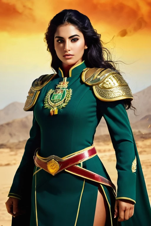 aida:gorgeous  woman, Arabic ,dressed in the F uniform.That's.p.That's., coat of arms of F.That's.p.That's preso ao uniforme, worn and partially torn, with blood stains, cutoff points, sparks or smoke coming from damaged areas. Add foliage to indicate an intense battle. Characteristics: sanguine (1.95m), age 28, olhos verdes esmeralda, black hair up to the waist, serene and curious expression, subtle scar on left cheek, pele caucasiana. Missiles: That'sspada feita de metal extraído de meteoritos, with shiny details and luminous veins. stance: Facing the reader, in a ready position, with his sword raised and an expression of determination.