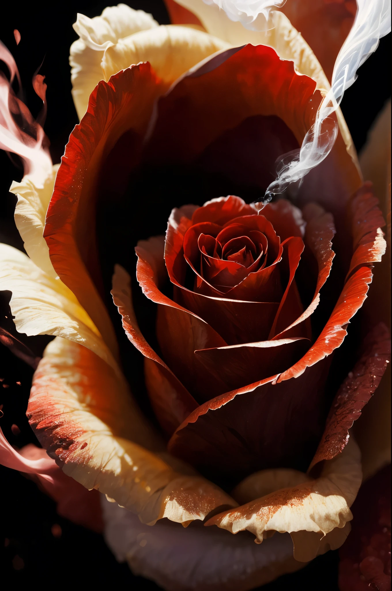 a close up of a red rose with smoke coming out of it, a picture by Maurice Esteve, tumblr, romanticism, red rose, abstract smokey roses, roses made of colorful smoke, ❤🔥🍄🌪, rose twining, red smoke, rosses, photo of a rose, smoke art, exploding roses, rose, with smoke, red roses