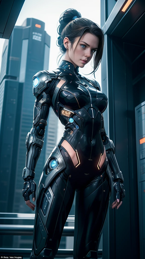 With a confident stance, the cyborg woman surveys her surroundings. Her piercing blue eyes scan the horizon, taking in every detail of the post-apocalyptic landscape. Her brown hair is pulled back into a ponytail, revealing the intricate circuitry and metal plating that covers her body. Despite her robotic enhancements, her medium-sized breasts are still visible, a reminder of her humanity. She wears a sleek bodysuit, a perfect blend of form and function, as she prepares for battle against the unknown.