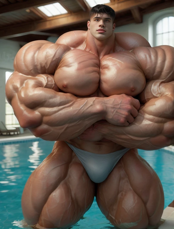 1boy, giant, giant bodybuilder, illuminating light, strong body, bulk, large size, staring, standing, in the indoor pool, nude, wet white triangular underwear, prominent bulge, extraordinary big, brutalmass, giant, muscular body, bulk, buff, massive body, large meaty body size, extremely wide body