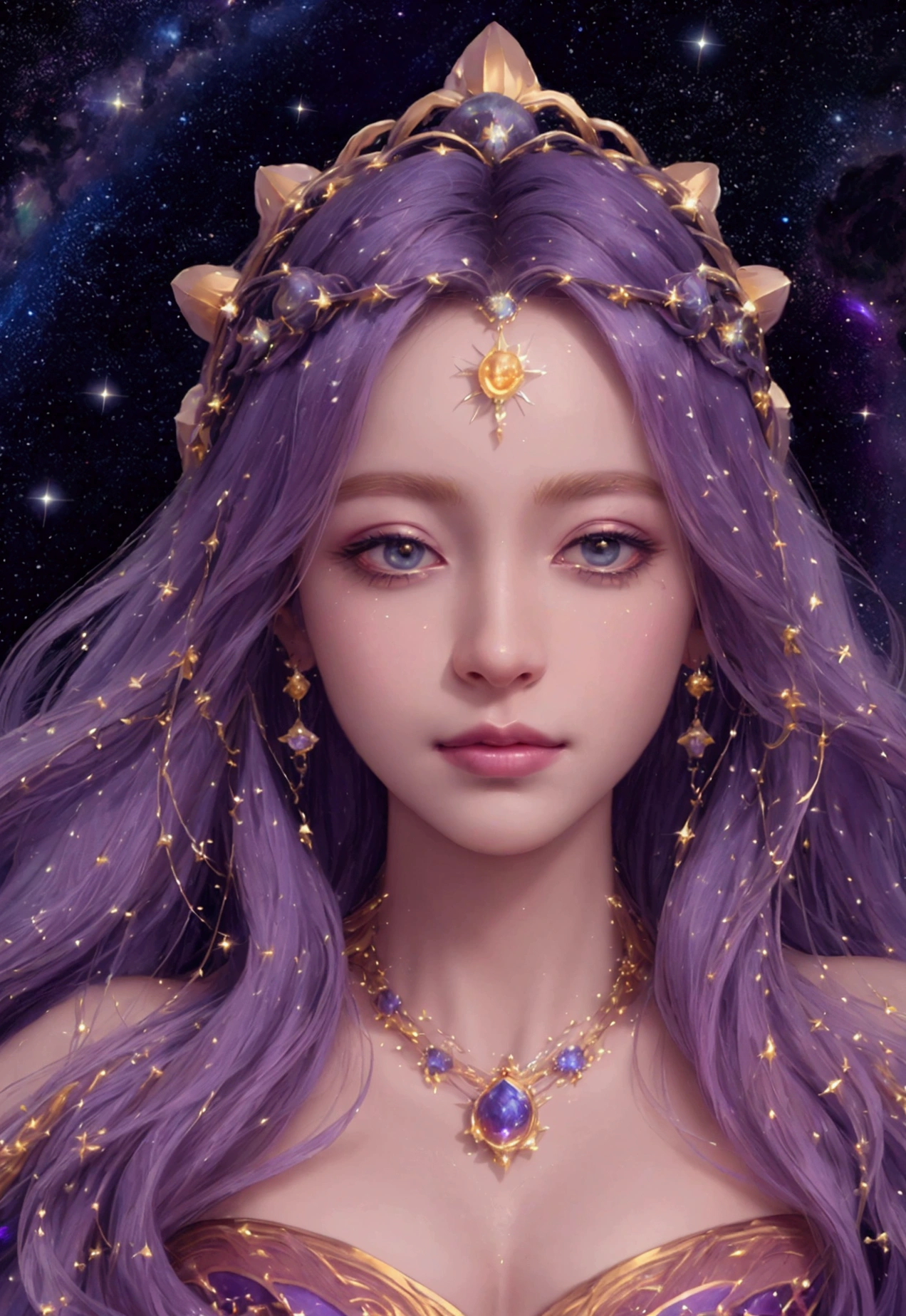 (Celestial Empress:1.2), (cosmic queen:1.2), flowing luminescent gown, stardust and galaxies, ((masterpiece:1.4, best quality)), ((masterpiece, best quality)), (photo realistic:1.4), 1woman, (regal empress), ((hair like a river of light)), shimmering stars, celestial bodies, majestic throne, meteorite throne, precious gems, glowing nebulae, vibrant auroras, swirling galaxies, distant planets, wise eyes, serene expression, commanding presence, cosmic space, deep blues, purples, radiant golds, silvers, comets, Saturn-like rings, cosmic dust, soft radiant lighting, intricate details, majestic, enchanting, otherworldly, celestial beauty, Rich Detail, Perfect Image Quality