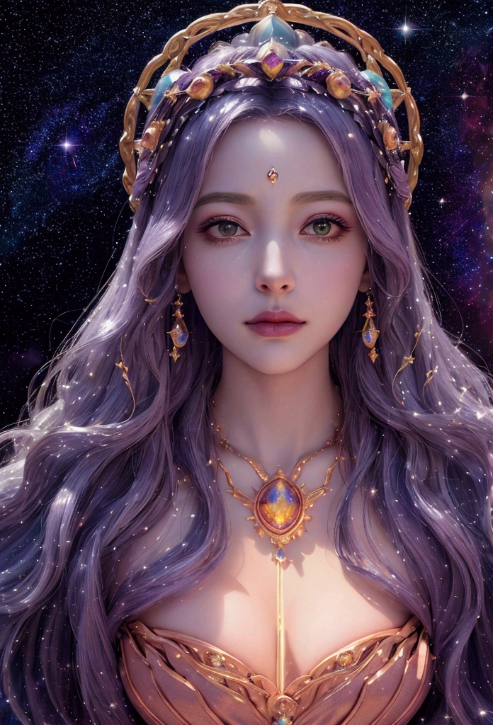 (Celestial Empress:1.2), (cosmic queen:1.2), flowing luminescent gown, stardust and galaxies, ((masterpiece:1.4, best quality)), ((masterpiece, best quality)), (photo realistic:1.4), 1woman, (regal empress), ((hair like a river of light)), shimmering stars, celestial bodies, majestic throne, meteorite throne, precious gems, glowing nebulae, vibrant auroras, swirling galaxies, distant planets, wise eyes, serene expression, commanding presence, cosmic space, deep blues, purples, radiant golds, silvers, comets, Saturn-like rings, cosmic dust, soft radiant lighting, intricate details, majestic, enchanting, otherworldly, celestial beauty, Rich Detail, Perfect Image Quality