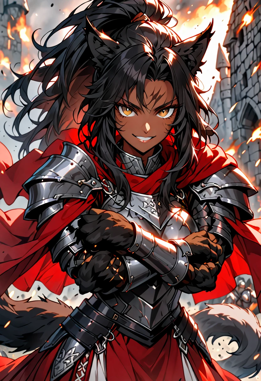 solo, female, close up, strong, dark skin, long messy hair, black hair, high ponytail, hazel eyes, black lynx ears, black lynx tail, muscular, regal armor, large breasts, competitive smile, animal hands:0.9, furred forearms, red cape, battlefield, medieval, red roman skirt, nose scar