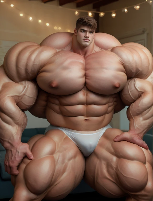 1boy, giant, giant bodybuilder, stand, warm light, strong body, bulk, large size, staring, sitting in the fairy lights room, open legs, nude, white triangular underwear, prominent bulge, extraordinary big, brutalmass, giant, muscular body, bulk, buff, massive body, large meaty body size, extremely wide body