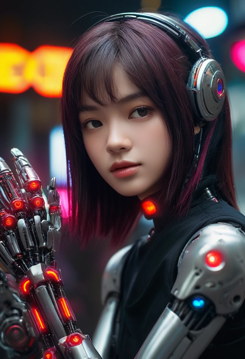 xxmixgirl. Highly detailed professional 35mm film, bokeh, face in sharp focus. A robotic female, Miku, with ((metal skin)), ((perfect Asian eyes)) with magenta irises and ((black pupils)), beautiful serious (detailed face), 18 year old ((photorealistic face)), very long magenta twin tails of magenta hair, twin black hair ties with a single red stripe. She may have a black audio headpiece. We can see her ((full body)) down to her boot soles. Her outfit is a sleeveless collared light grey shirt, outlined in red around the frilled collar and hems. Shiny reflective ((metallic breast cups, dimpleless)), invisible nipples. She wears black sleeves with red hems that start around her upper arm and bellow out as the sleeves open and extend to her wrists, with wide trumpet red rimmed cuffs. She has perfect robotic (detailed hands). She wears a red colored tie with two horizontal solid parallel black lines halfway across. She wears a fabric black skirt with a horizontal red hem at the bottom all the way around; her (((black skirt wraps around her))) and ((her skirt completely covers)) her robotic waist and thighs. Tall black boots with red bottom soles, a red rim around the top at her thighs. Her mechanical shoulder joints are visible. We can see her robotic legs and robotic neck. Half of her is covered with shiny polished machinery. The background is a distant dark neon futuristic Japanese city, gold, cyan, violet neon, near harbor or mountains.
