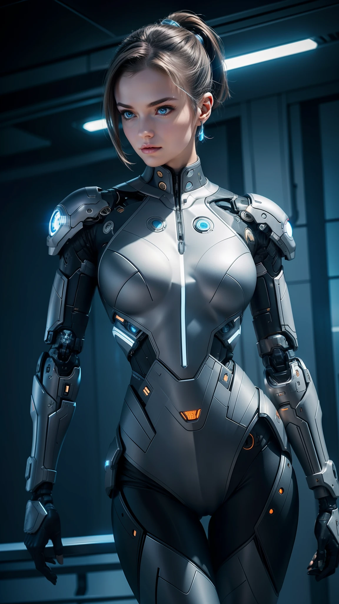 With a confident stance, the cyborg woman surveys her surroundings. Her piercing blue eyes scan the horizon, taking in every detail of the post-apocalyptic landscape. Her brown hair is pulled back into a ponytail, revealing the intricate circuitry and metal plating that covers her body. Despite her robotic enhancements, her medium-sized breasts are still visible, a reminder of her humanity. She wears a sleek bodysuit, a perfect blend of form and function, as she prepares for battle against the unknown.
