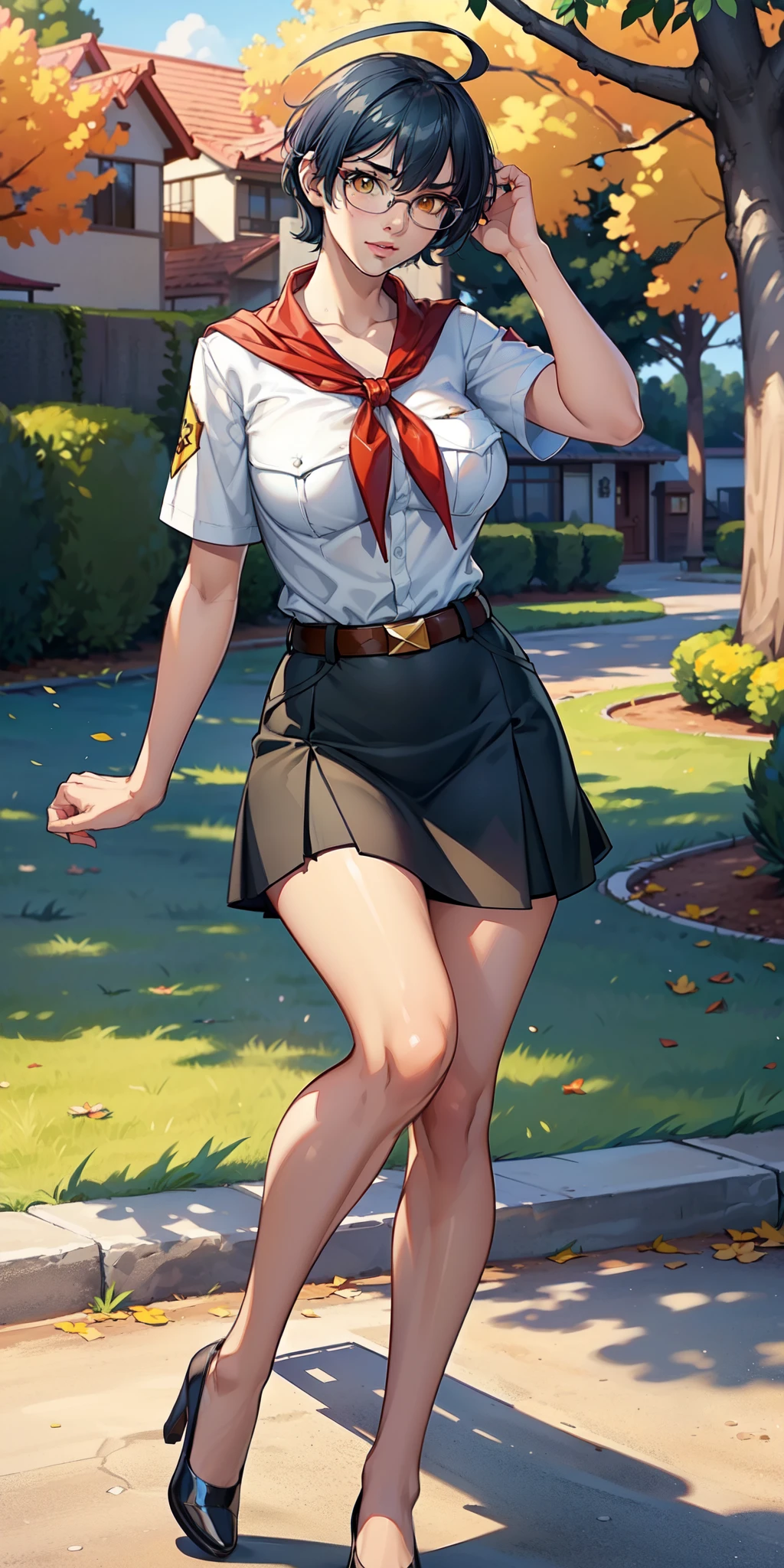 8k, (full body shot:1.3), (vibrant shadows), detailed eyes, (high quality), high detailed background, (realistic shadows), HD shadows, masterpiece, high detailed face, high detailed finger, young girl, (glasses:1.2), (dark blue hair:1.3), (huge ahoge:1.4), (big yellow eyes:1.3), (disheveled short hair:1.3), bobcut, (skinny body:1.4), (slim waist), (narrow hips:1.1), (slim and fit legs:1.3), (realistic style), curvy, fake lips, famous pornstar, kagami hirotaka style, pioneer neckerchief, micro blue tight skirt, bangs, shirt, collarbone, very tight white shirt, short sleeves, collared shirt, belt, eyelashes, red neckerchief, breast pocket