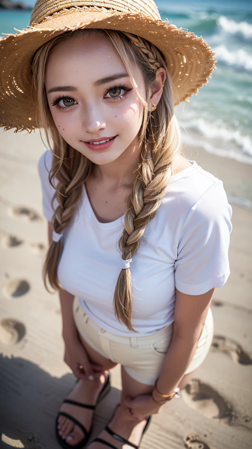 Realistic, masterpiece, Highest quality, Highest Resolution, High Detail, Soft Light, Professional Lighting, Backlight, Film Grain, The background is blurred, Japanese , (The subject was photographed from above at an angle, The subject does not look at the camera:1.3), 16 years old, Upper body photo, Looks sleepy, inattention, Grinning, Open your mouth, Beautiful and detailed eye drawing, (Droopy eyes:1.3), Dark Eyes, Thin eyebrows, Draw eyelashes carefully, Eyelash extensions, Gal Makeup, Orange Cheek, (White brown wavy hair, Long Hair, Braid, middle part:1.3), (Hidden eyelid wrinkles:1.3), (Straw hat,Short sleeve blouse,hot pants,Sandals,Beautiful feet:1.3), (Summer beach stand:1.3)