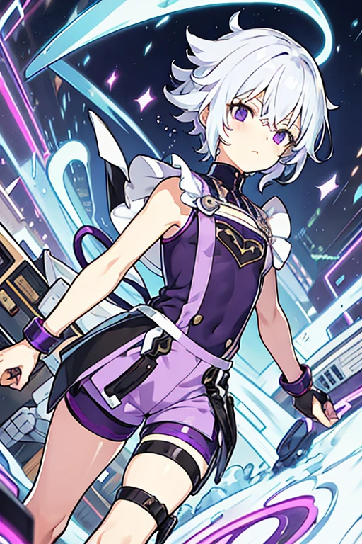 Small man, short white hair with a purple fringe, robotic left hand, purple sleeveless shirt, Leather apron , shorts negros, herrero