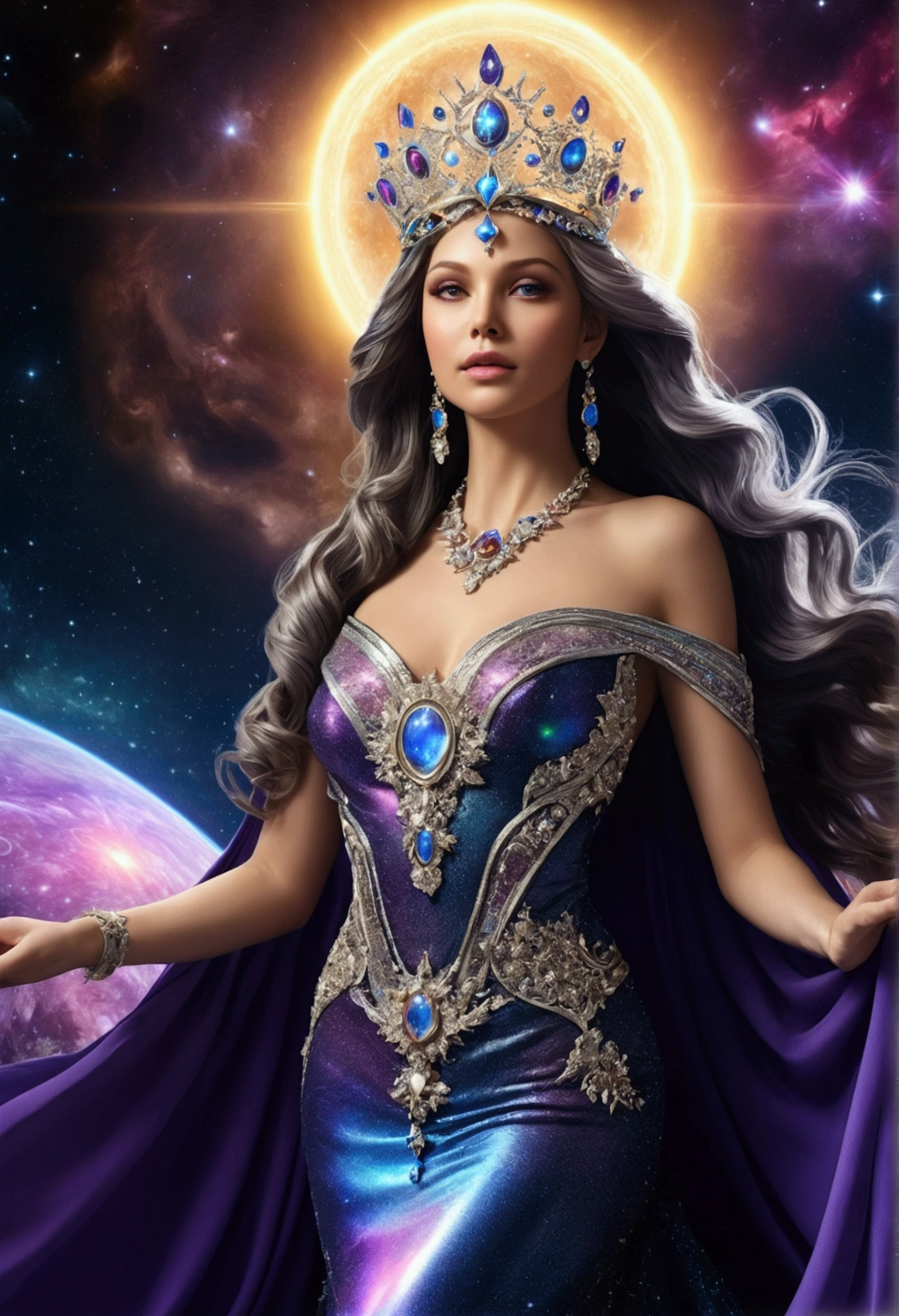 (Celestial Empress:1.2), (cosmic queen:1.2), flowing luminescent gown, stardust and galaxies, ((masterpiece:1.4, best quality)), ((masterpiece, best quality)), (photo realistic:1.4), 1woman, (regal empress), ((hair like a river of light)), shimmering stars, celestial bodies, majestic throne, meteorite throne, precious gems, glowing nebulae, vibrant auroras, swirling galaxies, distant planets, wise eyes, serene expression, commanding presence, cosmic space, deep blues, purples, radiant golds, silvers, comets, Saturn-like rings, cosmic dust, soft radiant lighting, intricate details, majestic, enchanting, otherworldly, celestial beauty, Rich Detail, Perfect Image Quality