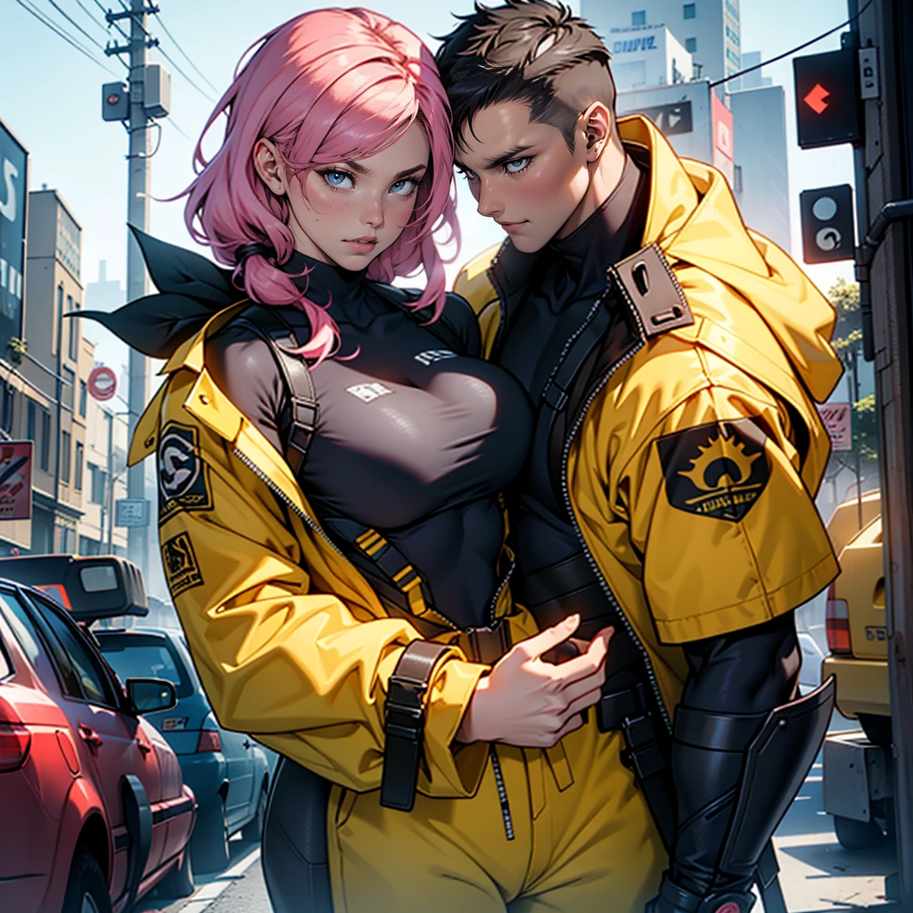 Fake body and , Mature woman in metal rising revengeance body details, foto de busto, big pink hair, shining blue eyes, wearing a mustard yellow jumpsuit, breasts big, looking 35 years old, eye on the spectator, Look to the camera, , the background is a cyberpunk city, revegeance expression, foco no rosto, de frente, foco no busto, riaden armor of metal gear rising