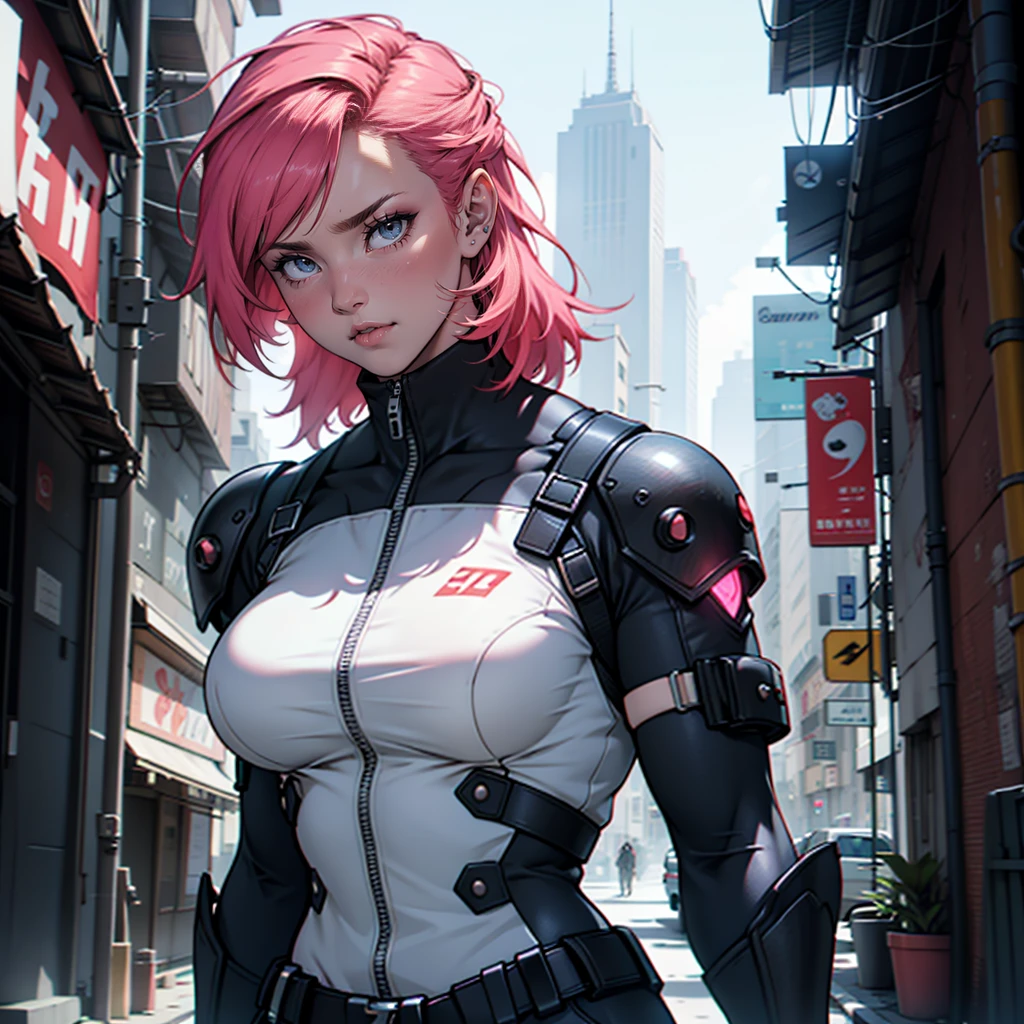 Scarlett Johannson em Fantasma na Concha, short pink hair, tight white bodysuit with big breasts, Skyline of a war-torn city at night