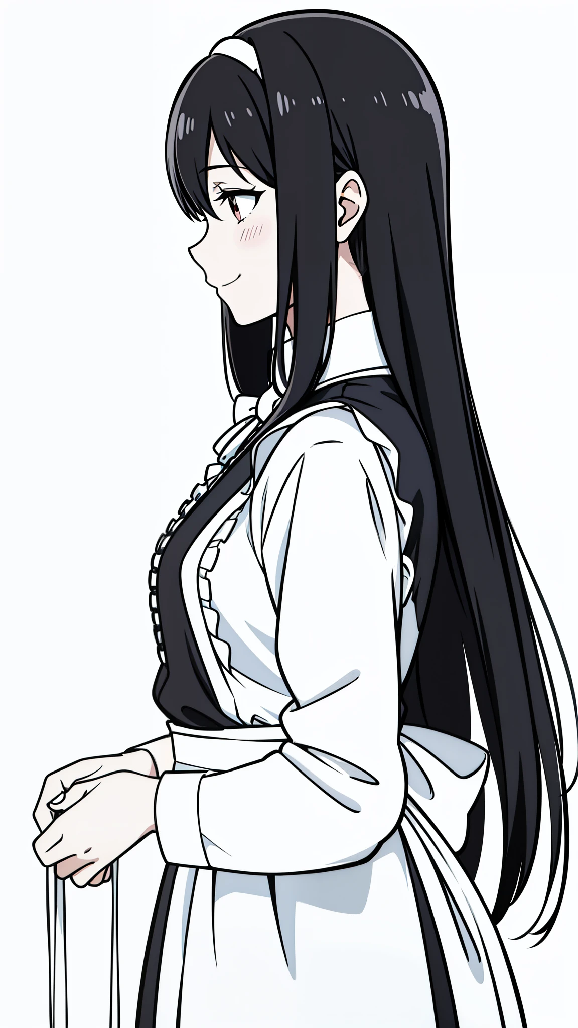 (1girl,20 years old,mature female.solo),black hair,long hair,hair between eyes,maid outfit,smile,blush,(white background,line drawing),upper body,profile,stroking,