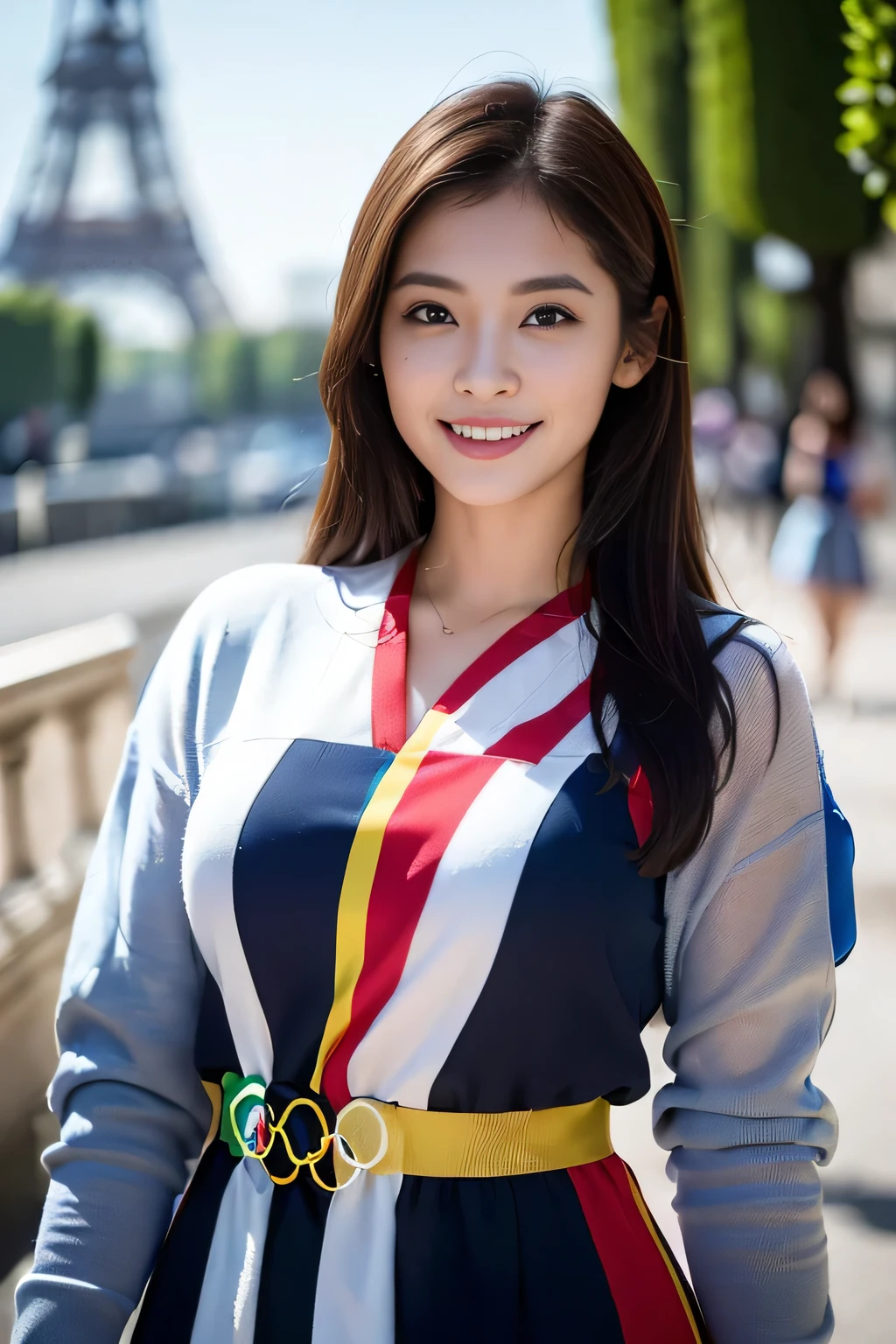 (((Women supporting the Paris Olympics:1.3))),(((Paris cityscape))),(((French flag themed costume:1.3))),((smile:1.3))),(Tricolor),(masterpiece,Highest quality,Ultra-high resolution output images,Write Boundary Depth,Intricate details,Add depth to your subject with contrast between light and shadow,Anatomically correct facial structure),(Picture Mode Ultra HD,)