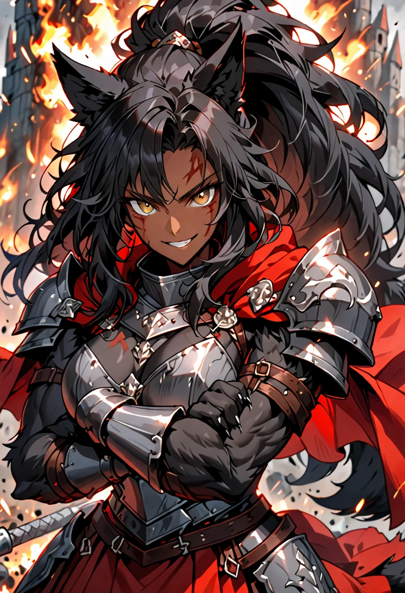 solo, female, close up, strong, dark skin, long messy hair, black hair, high ponytail, hazel eyes, black wolf ears, black wolf tail, muscular, regal armor, large breasts, competitive smile, animal hands:0.9, furred forearms, red cape, battlefield, medieval, red roman skirt, nose scar