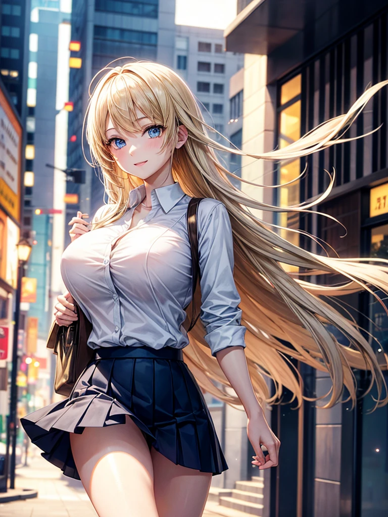 Anime style, super fine illustration, highly detailed, beautiful detailed, pale tone image, static representation, gentle expression, 8k, pretty 1girl with blonde straight short hair & blue eyes & a bright smile & huge breasts & soft fair skin is wearing a white business shirt & black tigft skirt & a business 1bag on the business building street, brilliant particles of lights, romantic stories, solo, perfect fingers, perfect arms, perfect legs, masterpiece.