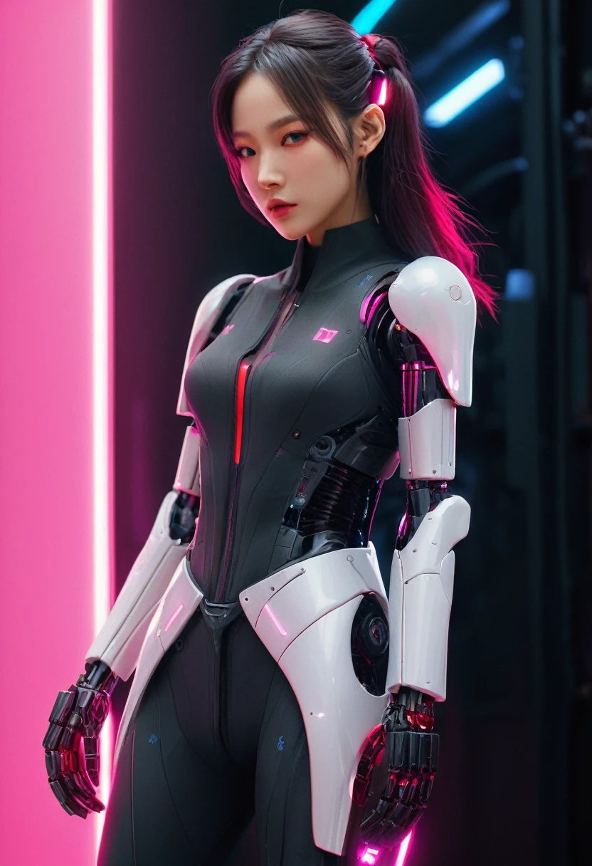 xxmixgirl. Highly detailed professional 35mm film, bokeh, face in sharp focus. A robotic female, Miku, with ((metal skin)), ((perfect Asian eyes)) with magenta irises and ((black pupils)), beautiful serious (detailed face), 18 year old ((photorealistic face)), very long magenta twin tails of magenta hair, twin black hair ties with a single red stripe. She may have a black audio headpiece. We can see her ((full body)) down to her boot soles. Her outfit is a sleeveless collared light grey shirt, outlined in red around the frilled collar and hems. Shiny reflective ((metallic breast cups, dimpleless)), invisible nipples. She wears black sleeves with red hems that start around her upper arm and bellow out as the sleeves open and extend to her wrists, with wide trumpet red rimmed cuffs. She has perfect robotic (detailed hands). She wears a red colored tie with two horizontal solid parallel black lines halfway across. She wears a fabric black skirt with a horizontal red hem at the bottom all the way around; her (((black skirt wraps around her))) and ((her skirt completely covers)) her robotic waist and thighs. Tall black boots with red bottom soles, a red rim around the top at her thighs. Her mechanical shoulder joints are visible. We can see her robotic legs and robotic neck. Half of her is covered with shiny polished machinery. The background is a distant dark neon futuristic Japanese city, gold, cyan, violet neon, near harbor or mountains.