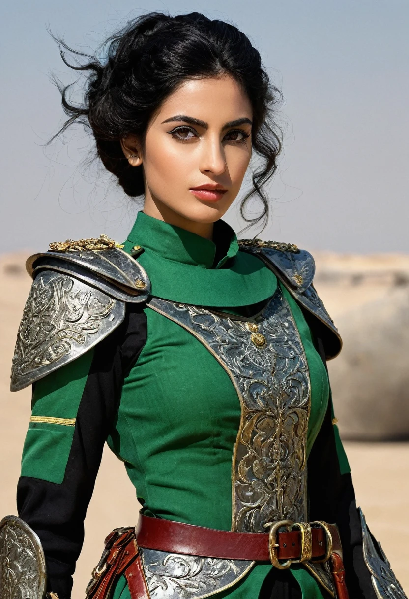 aida:gorgeous woman, Arabic ,dressed in the F uniform.It is.p.It is. attached to uniform, worn and partially torn, with blood stains, cutoff points, sparks or smoke coming from damaged areas. Add foliage to indicate an intense battle. Characteristics: sanguine (1.95m), age 28, olhos verdes esmeralda, black hair up to the waist, serene and curious expression, subtle scar on left cheek, pele caucasiana. Missiles: This is a sword made from metal extracted from meteorites, with shiny details and luminous veins. stance: Facing the reader, in a ready position, with his sword raised and an expression of determination.