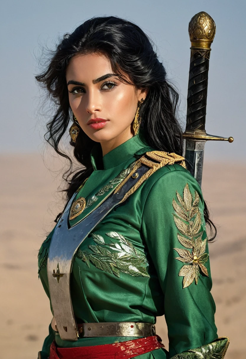 aida:gorgeous  woman, Arabic ,dressed in the F uniform.It is.p.It is. attached to uniform, worn and partially torn, with blood stains, cutoff points, sparks or smoke coming from damaged areas. Add foliage to indicate an intense battle. Characteristics: sanguine (1.95m), age 28, olhos verdes esmeralda, black hair up to the waist, serene and curious expression, subtle scar on left cheek, pele caucasiana. Missiles: This is a sword made from metal extracted from meteorites, with shiny details and luminous veins. stance: Facing the reader, in a ready position, with his sword raised and an expression of determination.