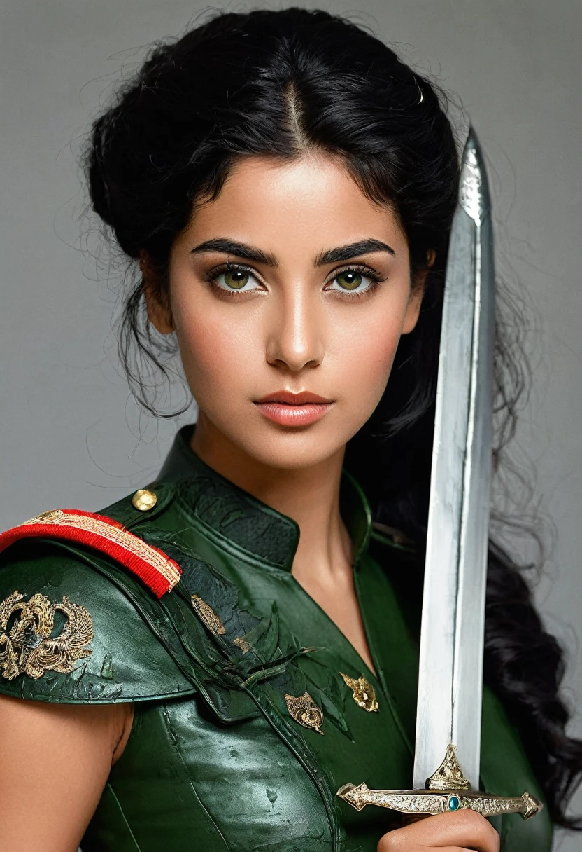 aida:gorgeous woman, Arabic ,dressed in the F uniform.It is.p.It is. attached to uniform, worn and partially torn, with blood stains, cutoff points, sparks or smoke coming from damaged areas. Add foliage to indicate an intense battle. Characteristics: sanguine (1.95m), age 28, olhos verdes esmeralda, black hair up to the waist, serene and curious expression, subtle scar on left cheek, pele caucasiana. Missiles: This is a sword made from metal extracted from meteorites, with shiny details and luminous veins. stance: Facing the reader, in a ready position, with his sword raised and an expression of determination.