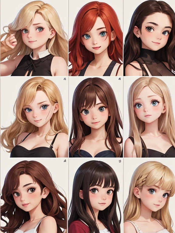 (Best quality, masterpiece), group photo of eight very different beautiful students, different emotions, Free poses, Different hair colors(among them there is always 1 redhead, 3 blondes, 2 brown-haired and 2 brunettes), Different hairstyles, different hair lengths, different eye colors, Different physiques, There&#39;s always one brunette Asian, graduation photo album, beautiful faces, upper body