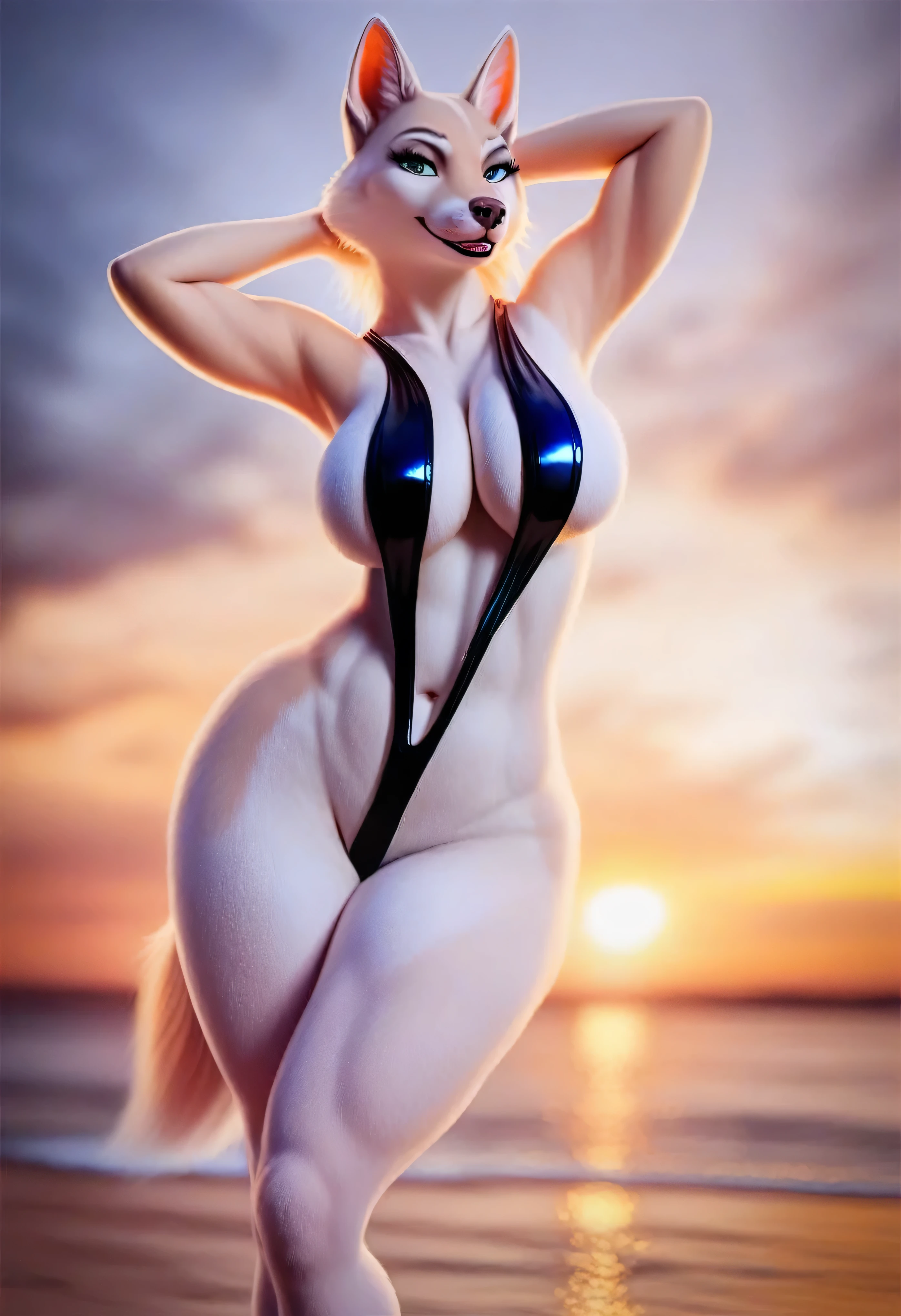 score_9, score_8_up, score_7_up, score_6_up, score_5_up, score_4_up, source_furry, realistic, photo-realistic, by Furromantic, mature female anthro wolf, MILF, looking at viewer, seductive smile, beautiful detailed eyes, posing on a beach, (deep-v micro sling swimsuit:1.5), detailed fur, voluptuous, hourglass figure, large breasts, thick thighs, cinematic lighting, professional lighting