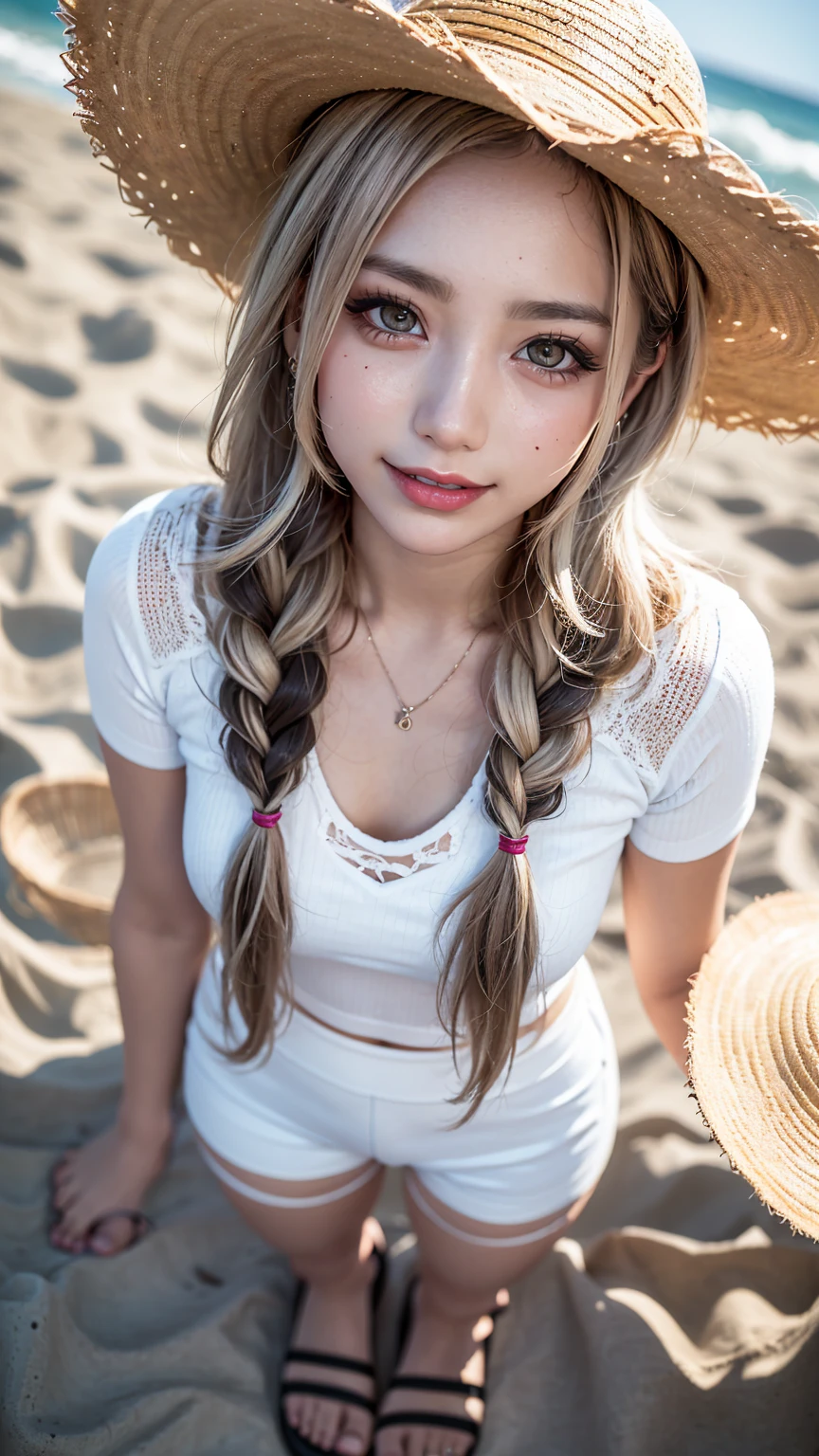 Realistic, masterpiece, Highest quality, Highest Resolution, High Detail, Soft Light, Professional Lighting, Backlight, Film Grain, The background is blurred, Japanese , (The subject was photographed from above at an angle, far and near method, The subject does not look at the camera:1.3), (Close up on face:1.3), , Upper body photo, Looks sleepy, inattention, Grinning, Open your mouth, Beautiful and detailed eye drawing, (Droopy eyes:1.3), Dark Eyes, Thin eyebrows, Draw eyelashes carefully, Eyelash extensions, Gal Makeup, Orange Cheek, (White brown wavy hair, Long Hair, Braid, middle part:1.3), (Hidden eyelid wrinkles:1.3), (Straw hat,nude,Beautiful feet:1.3), (Summer beach stand:1.3)
