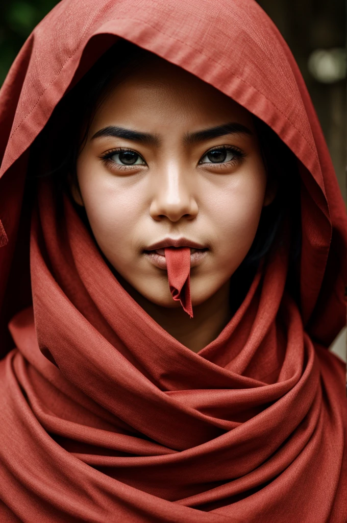Eyes and mouth are covered with red cloth