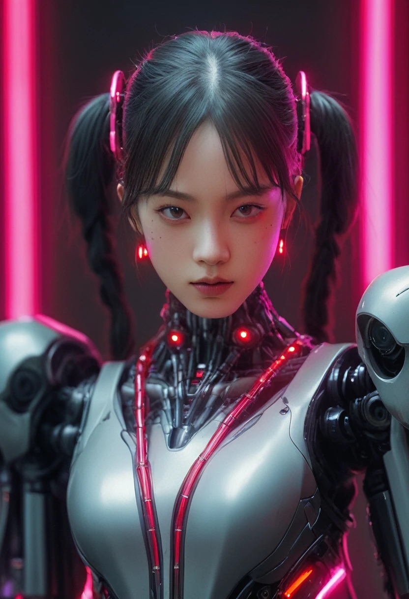 xxmixgirl. Highly detailed professional 35mm film, bokeh, face in sharp focus. A robotic female, Miku, with ((metal skin)), ((perfect Asian eyes)) with magenta irises and ((black pupils)), beautiful serious (detailed face), 18 year old ((photorealistic face)), very long magenta twin tails of magenta hair, twin black hair ties with a single red stripe. She may have a black audio headpiece. We can see her ((full body)) down to her boot soles. Her outfit is a sleeveless collared light grey shirt, outlined in red around the frilled collar and hems. Shiny reflective ((metallic breast cups, dimpleless)), invisible nipples. She wears black sleeves with red hems that start around her upper arm and bellow out as the sleeves open and extend to her wrists, with wide trumpet red rimmed cuffs. She has perfect robotic (detailed hands). She wears a red colored tie with two horizontal solid parallel black lines halfway across. She wears a fabric black skirt with a horizontal red hem at the bottom all the way around; her (((black skirt wraps around her))) and ((her skirt completely covers)) her robotic waist and thighs. Tall black boots with red bottom soles, a red rim around the top at her thighs. Her mechanical shoulder joints are visible. We can see her robotic legs and robotic neck. Half of her is covered with shiny polished machinery. The background is a distant dark neon futuristic Japanese city, gold, cyan, violet neon, near harbor or mountains.