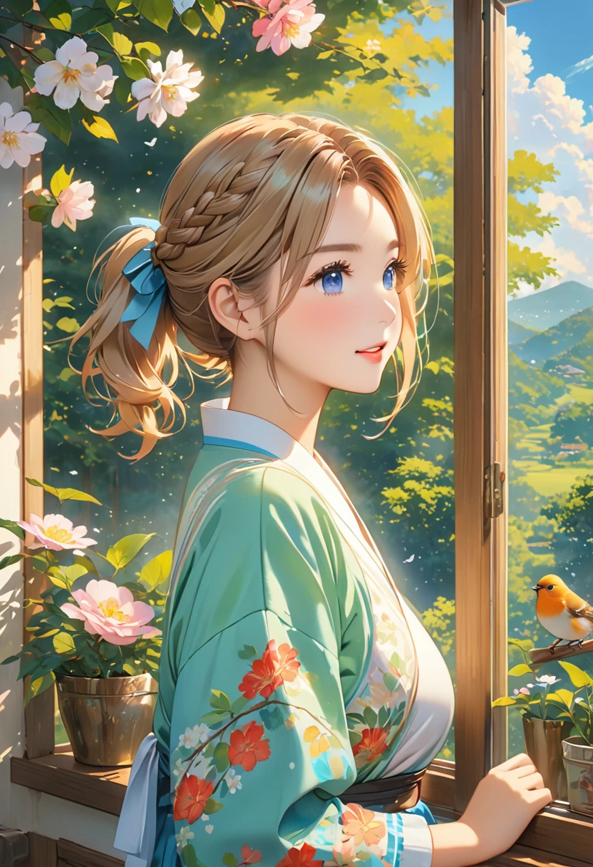 Highest quality、High resolution、Detailed Background、Beautiful face in every detail、Highly detailed face、Detailed eyes、 beauty、Huge breasts、Perfect body line、Light color hair、Braided bob cut、Braided Ponytail、Braided twin tails、well-groomed eyebrows、
The morning breeze blows and the soft light shines in.、When I open the window, cool air still flows in.、I can hear the birds chirping and the leaves swaying gently、Fresh green tree々The blue sky is peeking through、As I walk, a pleasant breeze brushes my cheeks、It's getting warmer、Early summer morning、
I feel light and refreshed, as if my heart is being cleansed.、Walking together and having lively conversations、Relaxing surrounded by nature、A refreshing start to a wonderful day、Gentle morning light、A gentle breeze、clear々Atmosphere、Birds chirping、Spend time surrounded by nature、Quiet and clear time、Such a refreshing morning、My heart feels refreshed、cute