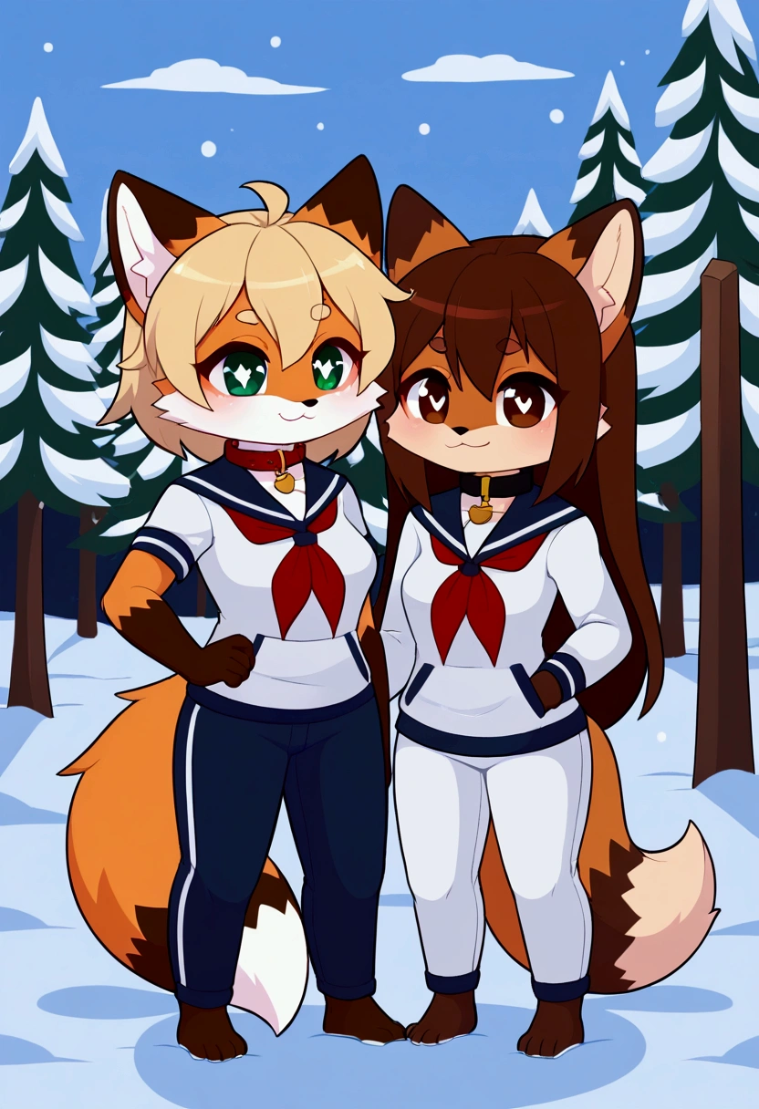 2girls, fox and tanuki, furry, bodyfur, tail, collar, sailor suit, short sleeves, jersey pants, long pants, white gloves, barefeet, chibi, sparkling eyes, full body, snow, all fours, peeing