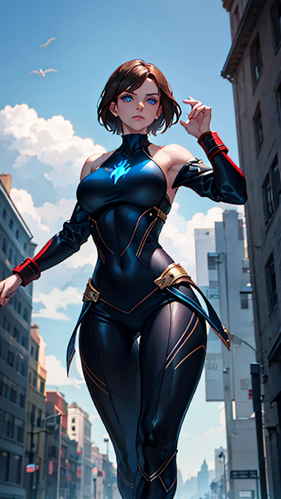 A fierce woman stands alone, her blue eyes piercing through the darkness as she gazes off into the distance. Her brown hair cascades down her back, framing her medium-sized breasts. She wears a sleek bodysuit, adorned with intricate armor, as she stands in profile against a futuristic cityscape. In the distance, a dragon-like creature soars through the sky, hinting at the sci-fi world she inhabits.