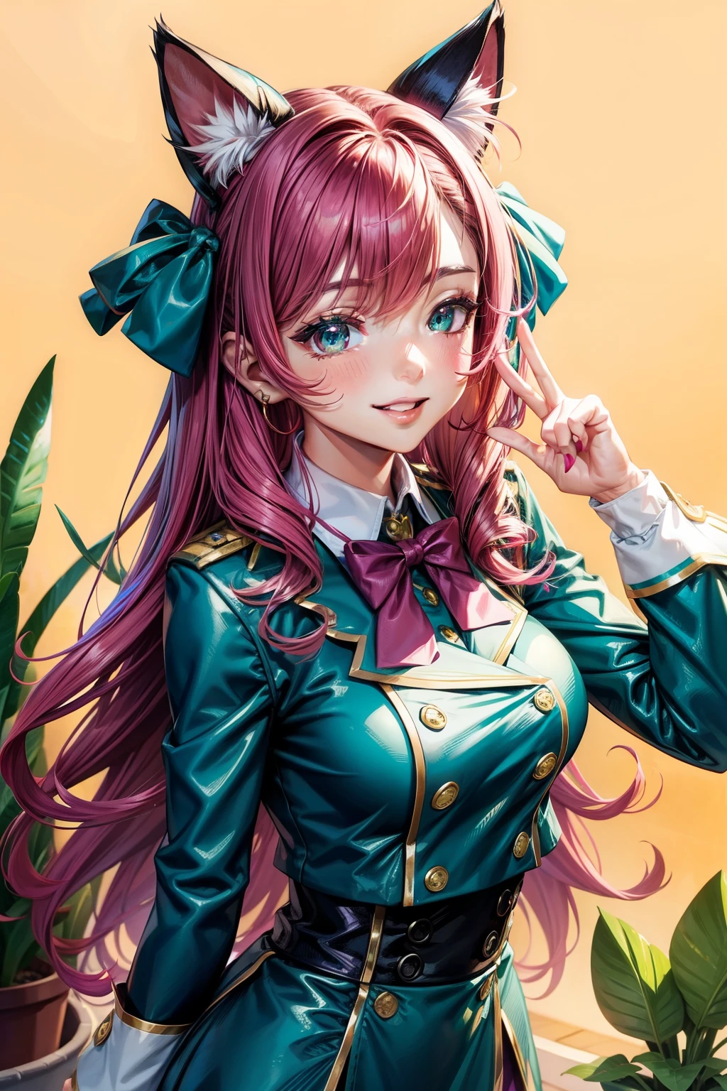 Magenta hair, hazel eyes, older woman, hair bows, cat ears, long hair, smiling face, sexy uniform outfit, teal and gold clothes, succulent plants background