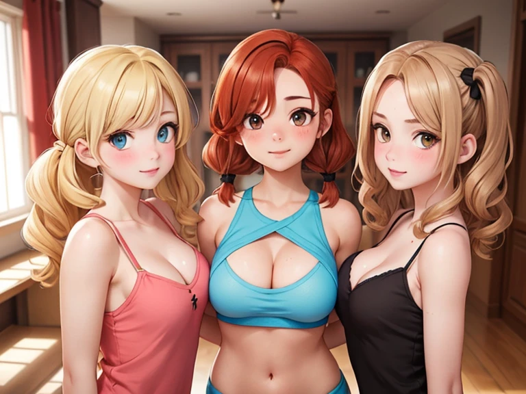 (Best quality, masterpiece), group photo of 4 very different beautiful students, different emotions, Free postures, Different hair colors(redhead, blonde, brunette and brown-haired), Different hairstyles(длинноволосая redhead, blonde-пикси, Brunette with pigtails, brown-haired woman has bob hairstyle), different eye colors, Different physiques(blonde достаточно мускулистая), Different breast sizes(brunette has big breasts, The brown-haired woman has a flat chest, The redhead and the blonde have small breasts), casual wear, Photo for memory, beautiful faces, upper body