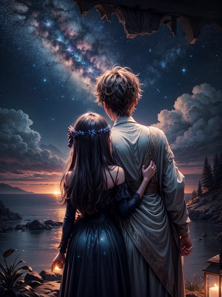 A night fantasy landscape where a couple has their backs turned, holding hands looking at the beautiful night sky, where the stars and lights form the following text inside a heart: "A&D"