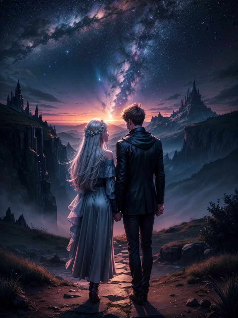 A night fantasy landscape where a couple has their backs turned, holding hands looking at the beautiful night sky, where the stars and lights form the following text inside a heart: "A&D"