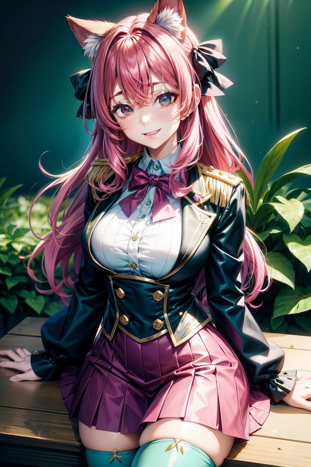 Magenta hair, hazel eyes, older woman, hair bows, cat ears, long hair, smiling face, sexy uniform outfit, teal and gold clothes, succulent plants background