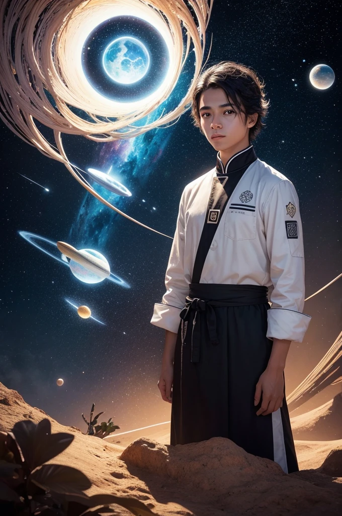 A young Brazilian chef ,Stand on the Edge of Dream Space, shining eyes, Surreal scenes filled with symbols and patterns of different abilities, ,in the style of xing xing star art group, 32 mil, best qualityer, work of art, super detaill, High details,