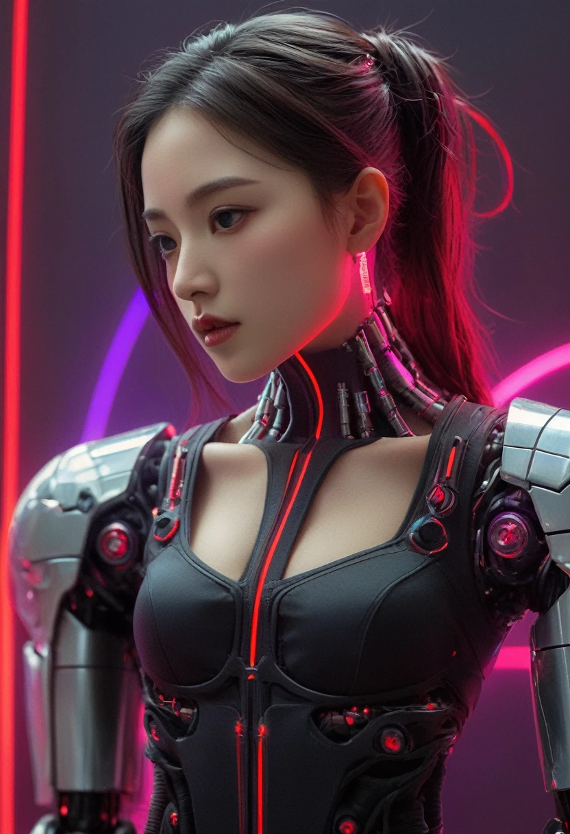 xxmixgirl. Highly detailed professional 35mm film, bokeh, face in sharp focus. A robotic female, Miku, with ((metal skin)), ((perfect Asian eyes)) with magenta irises and ((black pupils)), beautiful serious (detailed face), 18 year old ((photorealistic face)), very long magenta twin tails of magenta hair, twin black hair ties with a single red stripe. She may have a black audio headpiece. We can see her ((full body)) down to her boot soles. Her outfit is a sleeveless collared light grey shirt, outlined in red around the frilled collar and hems. Shiny reflective ((metallic breast cups, dimpleless)), invisible nipples. She wears black sleeves with red hems that start around her upper arm and bellow out as the sleeves open and extend to her wrists, with wide trumpet red rimmed cuffs. She has perfect robotic (detailed hands). She wears a red colored tie with two horizontal solid parallel black lines halfway across. She wears a fabric black skirt with a horizontal red hem at the bottom all the way around; her (((black skirt wraps around her))) and ((her skirt completely covers)) her robotic waist and thighs. Tall black boots with red bottom soles, a red rim around the top at her thighs. Her mechanical shoulder joints are visible. We can see her robotic legs and robotic neck. Half of her is covered with shiny polished machinery. The background is a distant dark neon futuristic Japanese city, gold, cyan, violet neon, near harbor or mountains.