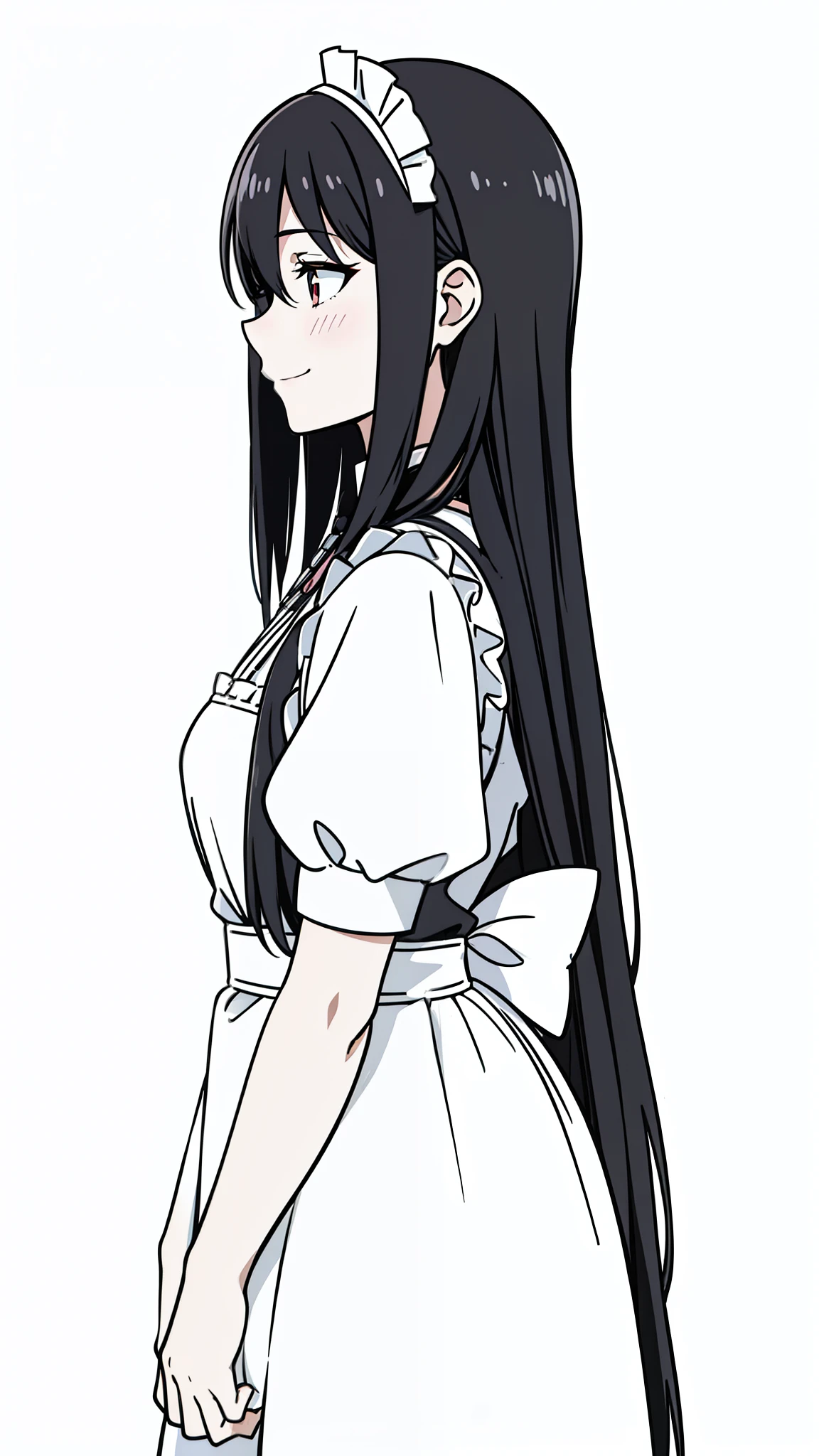 (1girl,20 years old,mature female),black hair,long hair,hair between eyes,maid outfit,smile,blush,(white background,line drawing),upper body,profile,stroking,