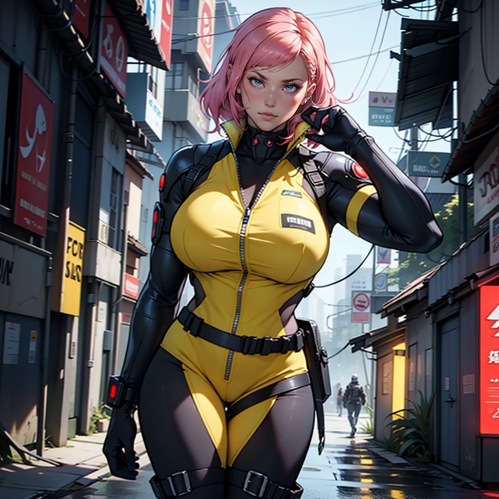 Fake body and , Mature woman in metal rising revengeance body details, huge masive breats, foto de busto, big pink hair, shining blue eyes, wearing a mustard yellow jumpsuit, massive fake breasts big, looking 35 years old, eye on the spectator, Look to the camera, , the background is a cyberpunk city, revegeance expression, foco no rosto, de frente, foco no busto, riaden armor of metal gear rising
