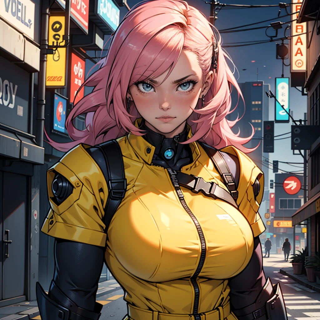 Fake body and , Mature woman in metal rising revengeance body details, huge masive breats, foto de busto, big pink hair, shining blue eyes, wearing a mustard yellow jumpsuit, massive fake breasts big, looking 35 years old, eye on the spectator, Look to the camera, , the background is a cyberpunk city, revegeance expression, foco no rosto, de frente, foco no busto, riaden armor of metal gear rising