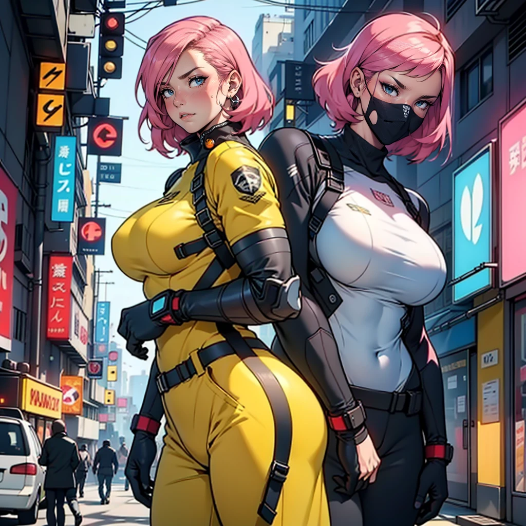 Realistic female and adult anime character, short hair with pink bangs, white skin, slim body, big green eyes, very thick and large eyebrows wearing a big green jumpsuit