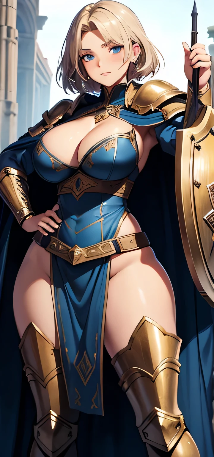 beautiful detailed 20 years old female, beautiful face, wearing Medieval Warrior Gear: Armor with a flowing cape, a sword, and a sturdy shield, combining both elegance and combat readiness, short hair, curvy body, ultra large sagging breasts, massive cleavage exposed, random expressions