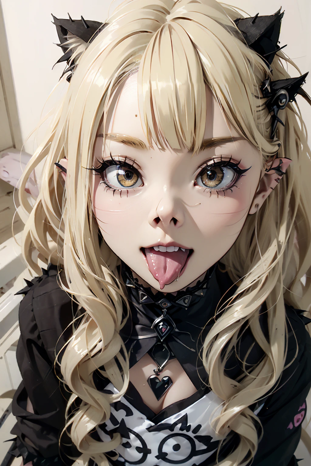 masterpiece, Highest quality, (Face close-up, Sticking out a long tongue, Ahegao:1.3), beautiful girl, happiness, smile, Beautiful and detailed, Narrow eyes, Dark Eyes, amount, Thin eyebrows, Eyelash extensions, (blonde, Wavy bristles, Long Hair:1.3), Gal Makeup, Nose hook, (Punk rock outfit, Added cat elements:1.3), (Small band house:1.3)