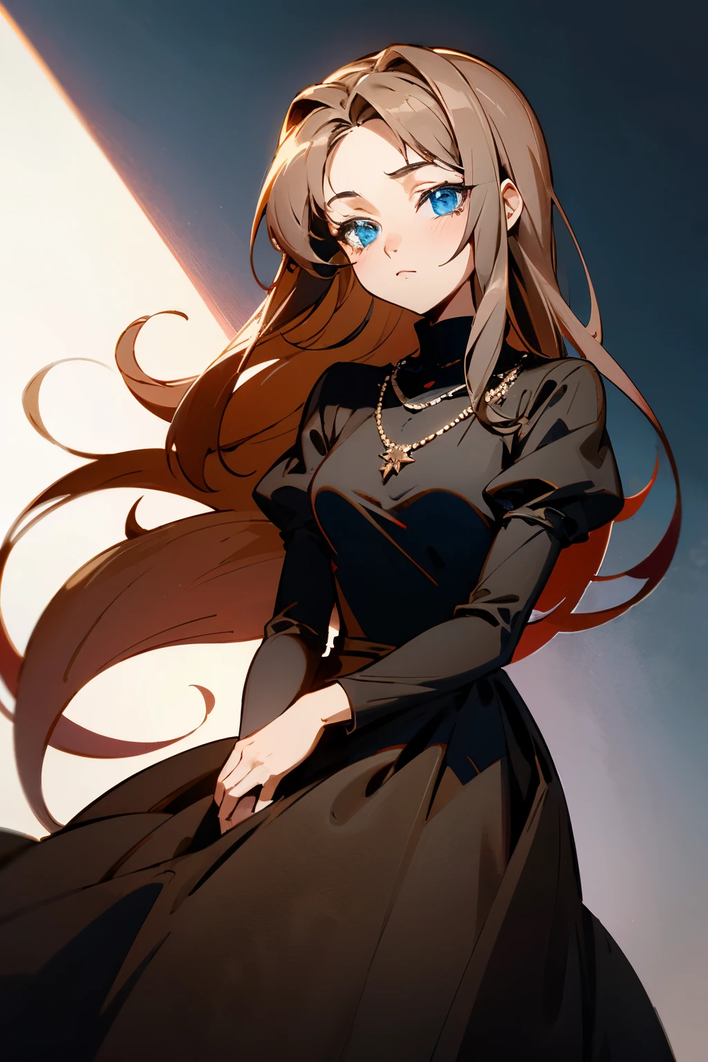 Anime woman, blue eyes, long brown hair, black dress, modest dress, silver necklace