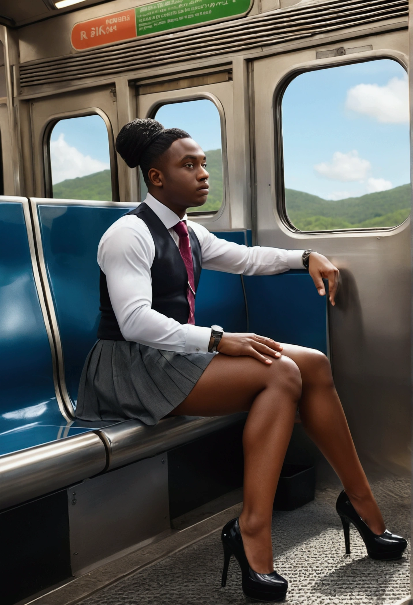 "(masterpiece, High resolution, Ultra High resolution, 4k) white man WITH an African American black woman, skirt, thighs, big butt, juicy ass, bubble butt, HUGE BUTT, spreading cheeks Low - Angle, put your feet on the floor of the train, Watch only the viewer", highest quality, 超High resolution, (realistic: 1.4), High resolution, detailed, RAW photo, Shapuri, Nikon D850 Film Stock Photo by Lee Jefferies 4 Kodak Portra 400 Camera F1.6 lenses rich colors real, real texture dramatic lighting station trends sinister 800,