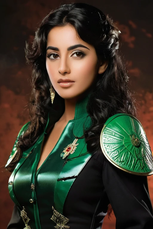 aida:gorgeous woman, Arabic ,dressed in the F uniform.It is.p.It is. attached to uniform, worn and partially torn, with your breasts out, with blood stains, cutoff points, sparks or smoke coming from damaged areas. Add foliage to indicate an intense battle. Characteristics: sanguine (1.95m), age 28, olhos verdes esmeralda, black hair up to the waist, serene and curious expression, subtle scar on left cheek, pele caucasiana. Missiles: This is a sword made from metal extracted from meteorites, with shiny details and luminous veins. stance: Facing the reader, in a ready position, with his sword raised and an expression of determination.